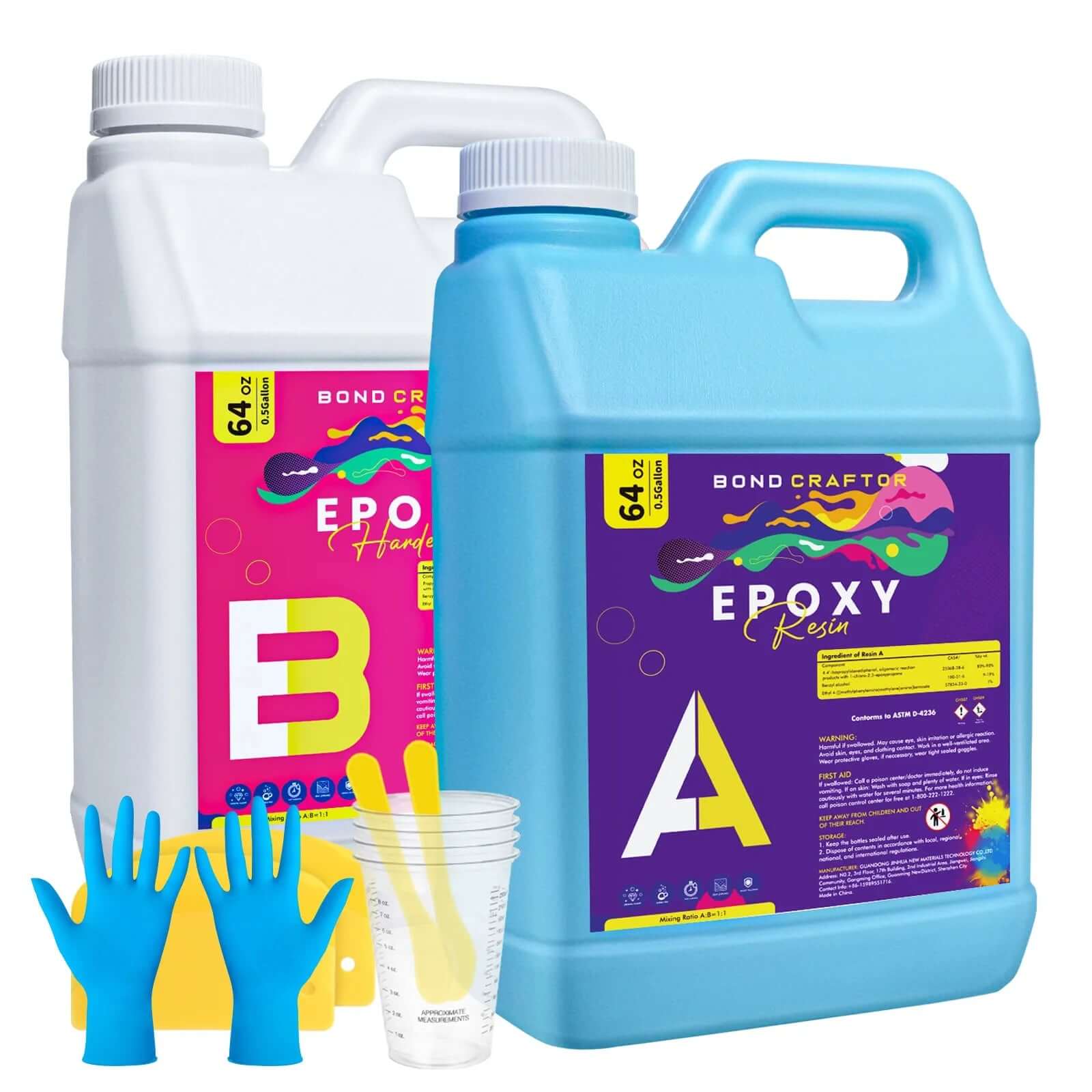 Bond Craftor Epoxy Resin 64oz kit with gloves and mixing tools, ideal for large-scale resin art, casting, and coating projects.
