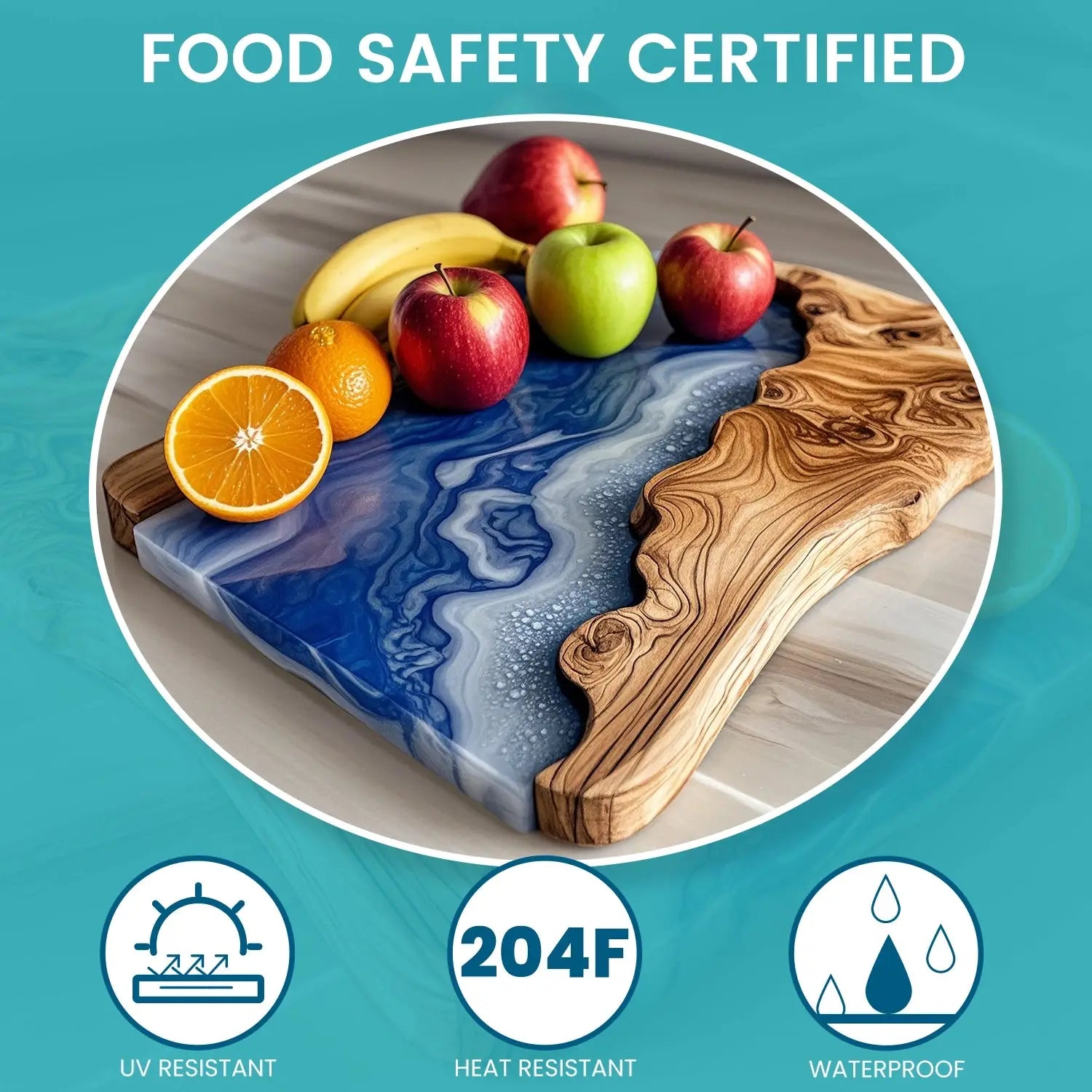 Food-safe certified Bond Craftor Deep Pour Epoxy Resin withstands 204°F, UV, and water, perfect for artistic cutting boards and kitchen-safe resin projects.