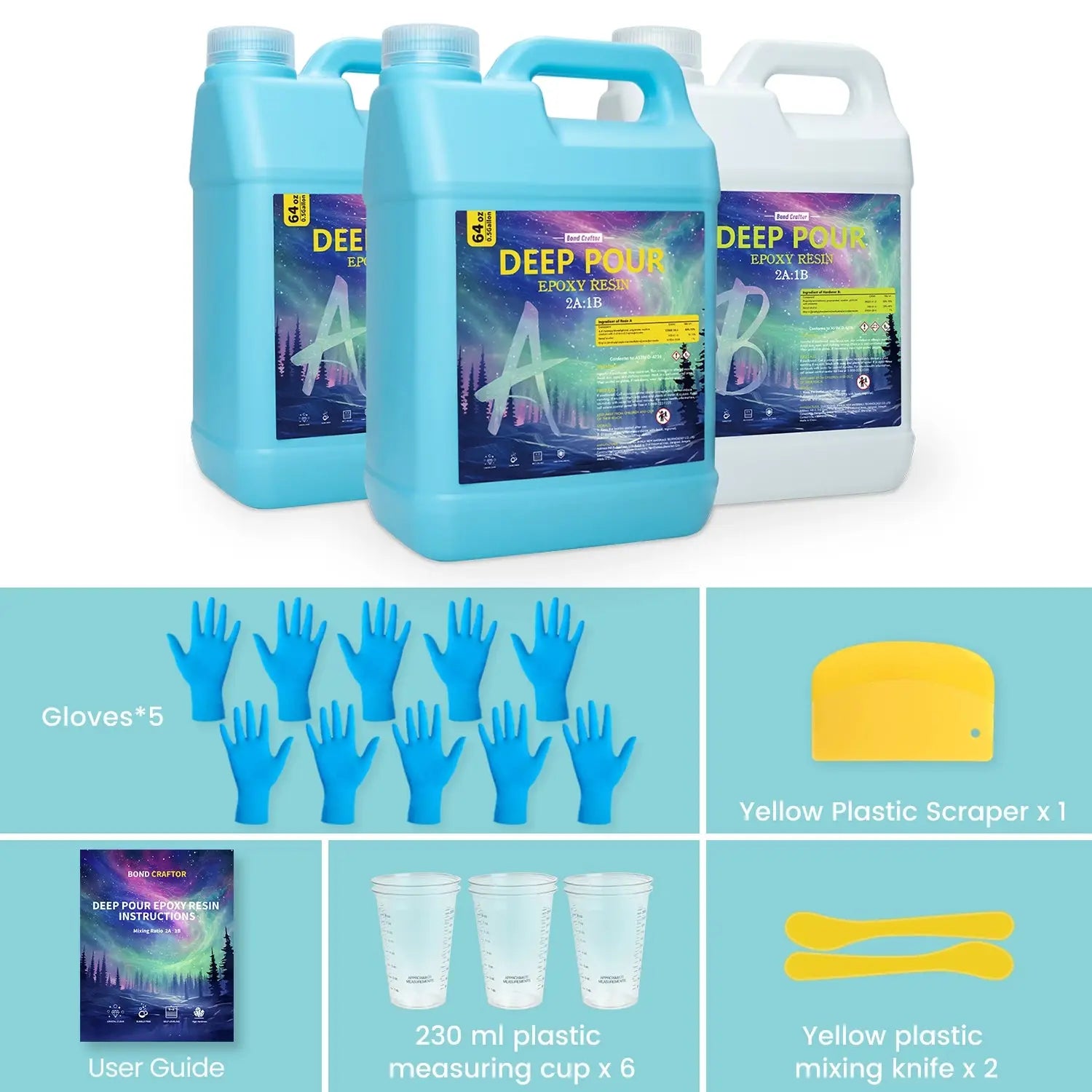 Complete 3 Gallon Deep Pour Epoxy Resin Kit – Bond Craftor with resin, hardener, gloves, mixing cups, scraper, and user guide for deep pour resin art.