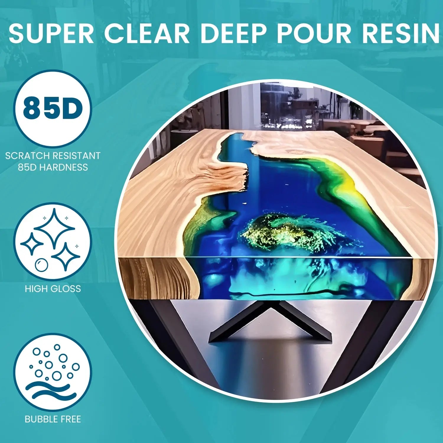 High gloss, bubble-free 3 Gallon Deep Pour Epoxy Resin Kit – Bond Craftor used in a vibrant river table with 85D scratch resistance and deep clarity.