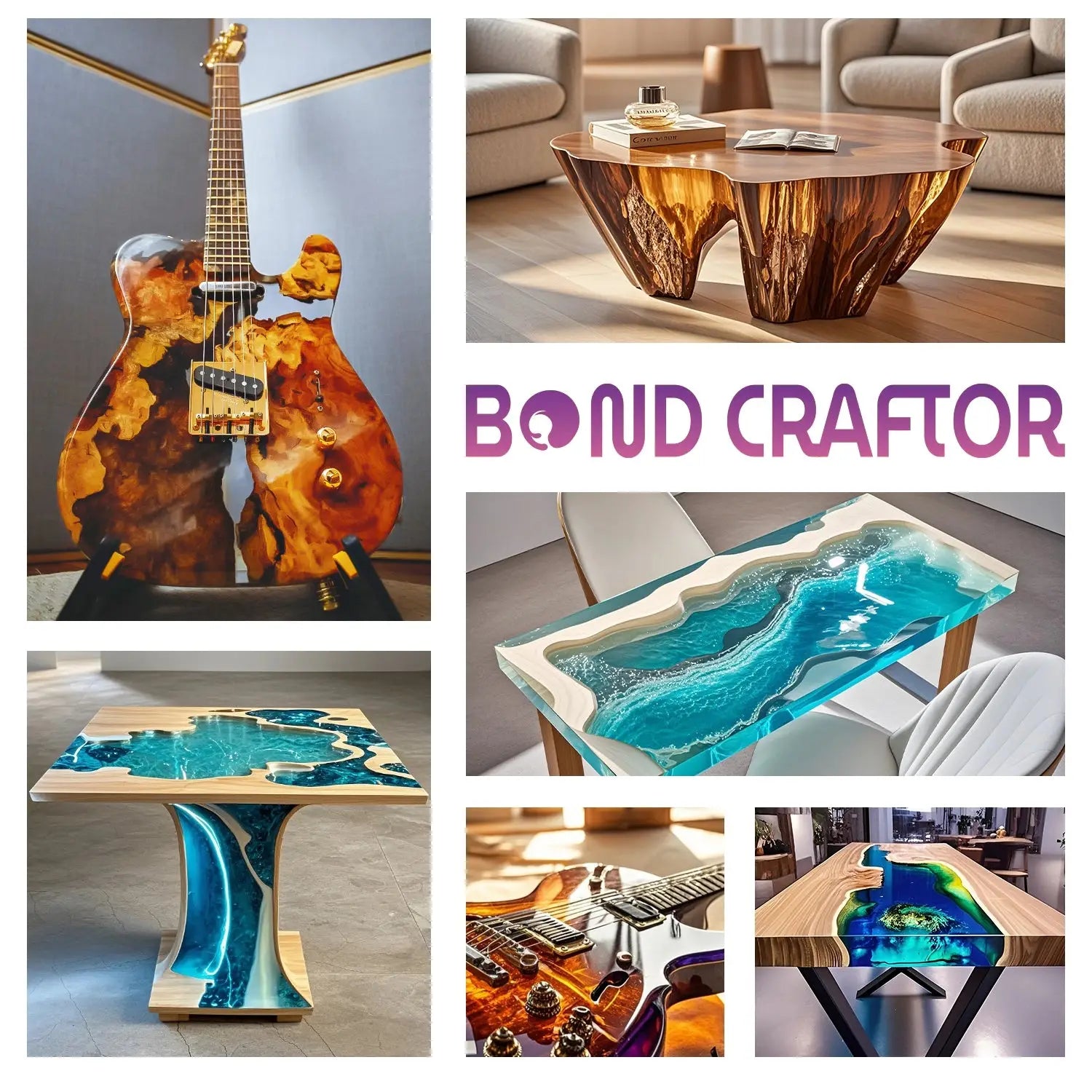 Bond Craftor 3 Gallon Deep Pour Epoxy Resin used in artistic furniture like river tables, guitars, and coffee tables showcasing crystal-clear deep pours.