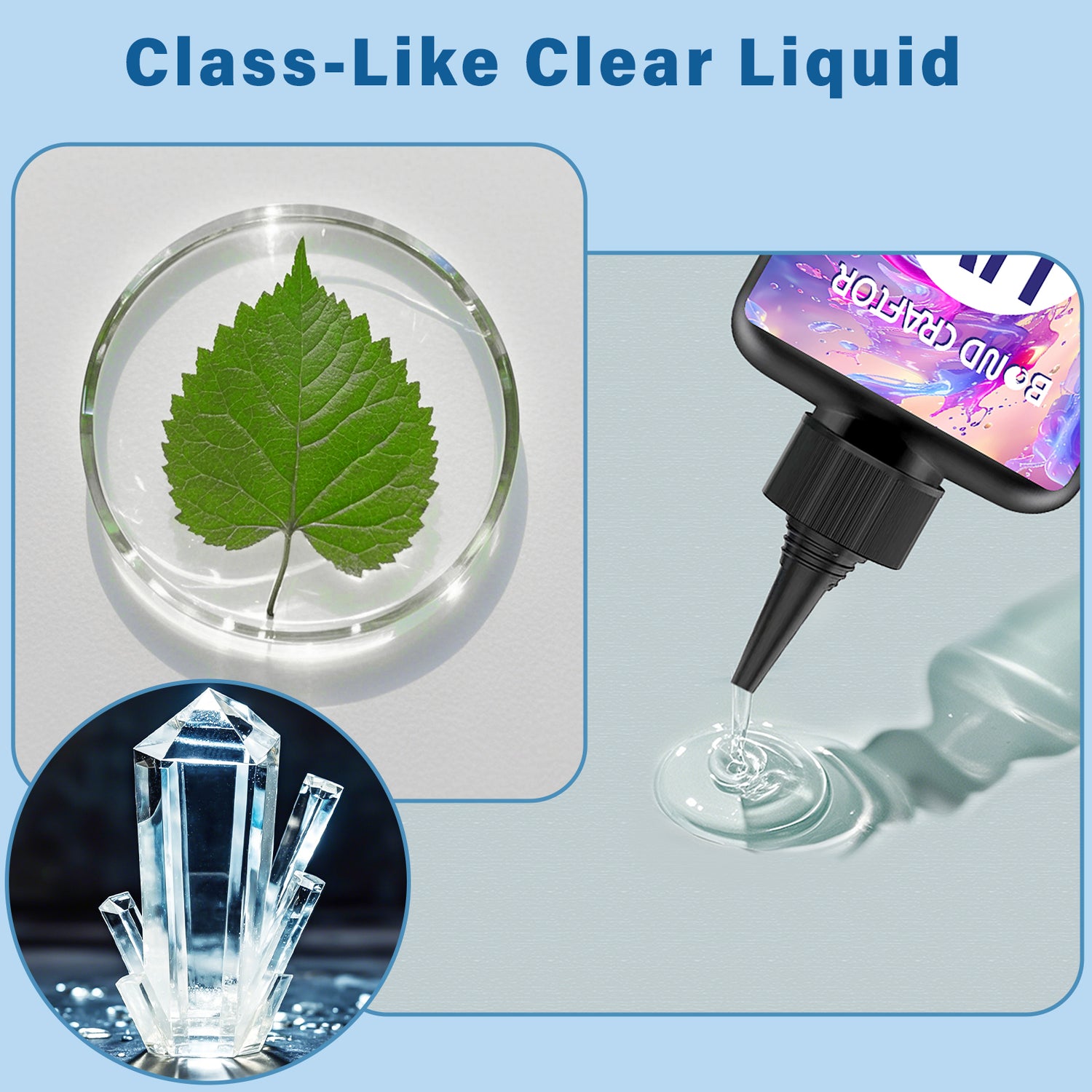 Bond Craftor clear UV resin bottle displayed, showcasing its crystal-clear finish and fast-curing properties, ideal for creating smooth, durable DIY crafts and jewelry.