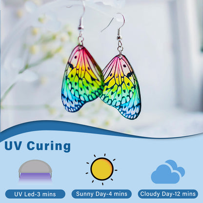 Bond Craftor UV Resin curing under UV light for 3 minutes; in natural sunlight, it cures in 4 minutes on sunny days and 12 minutes on cloudy days, delivering clear, durable results