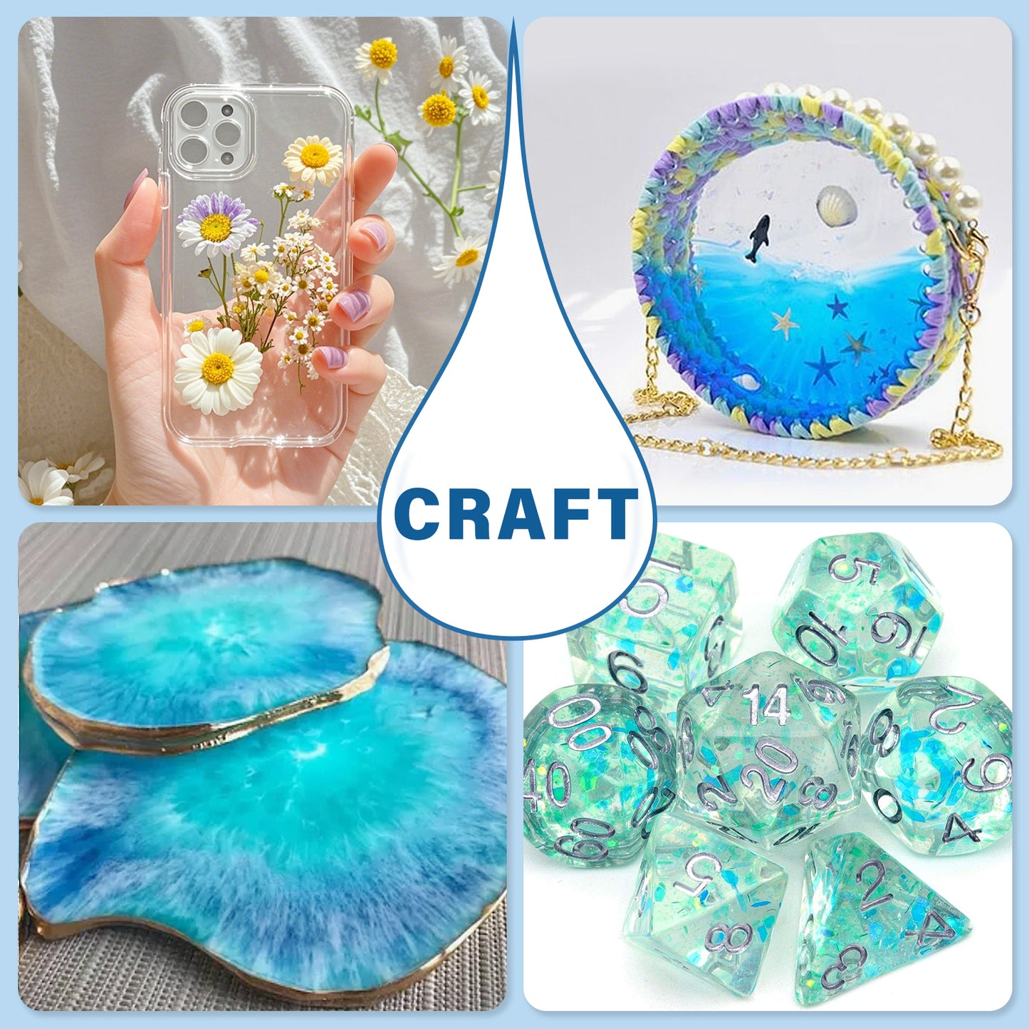 Bond Craftor UV Resin art pieces displayed, including a phone case, dice, coasters, and decorative figurines, showcasing the resin's versatility for creating stunning, durable, and unique custom designs