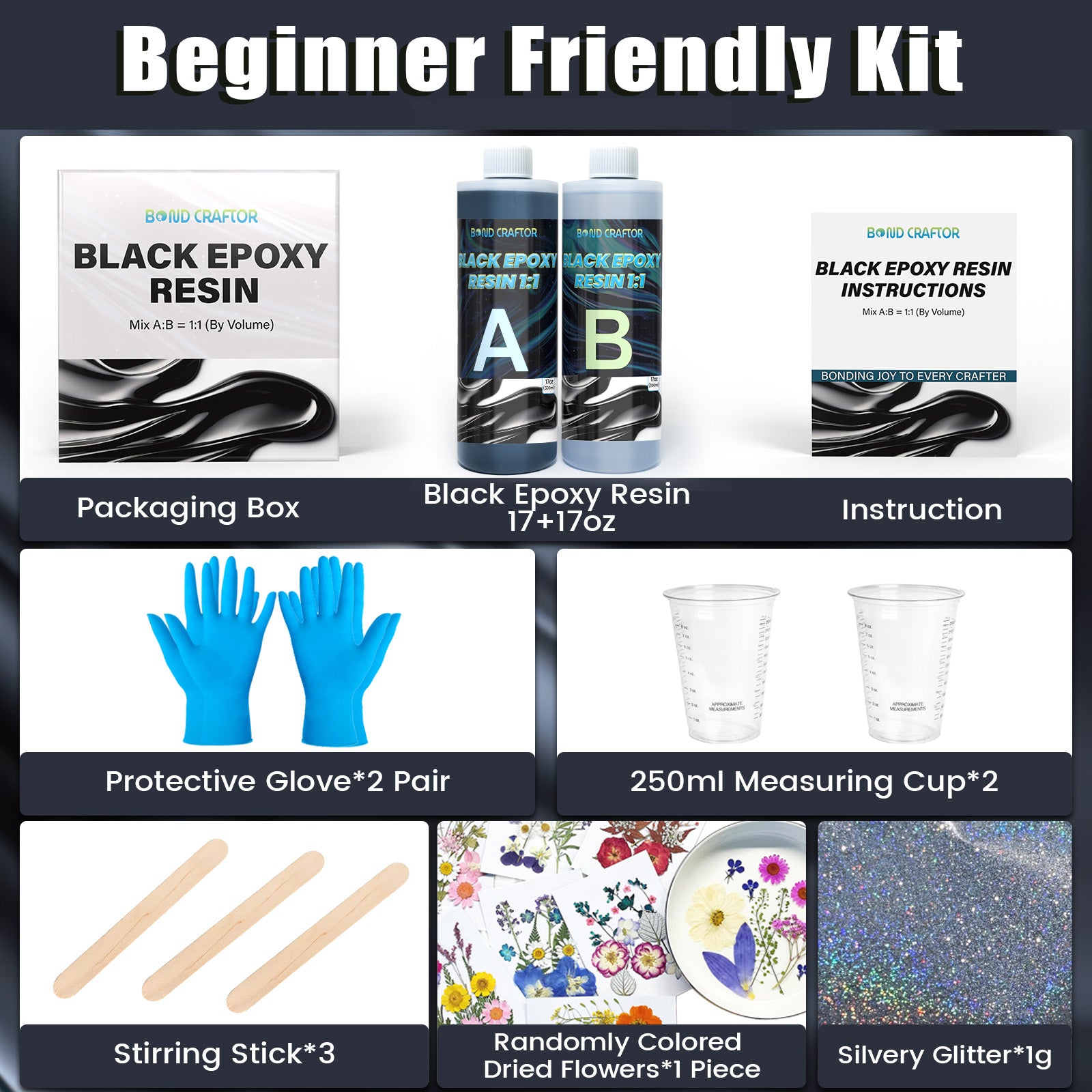 32oz Black Epoxy Resin – High Gloss, Bubble-Free, Odorless Casting Kit for Crafts &amp; Molds | Bond Craftor