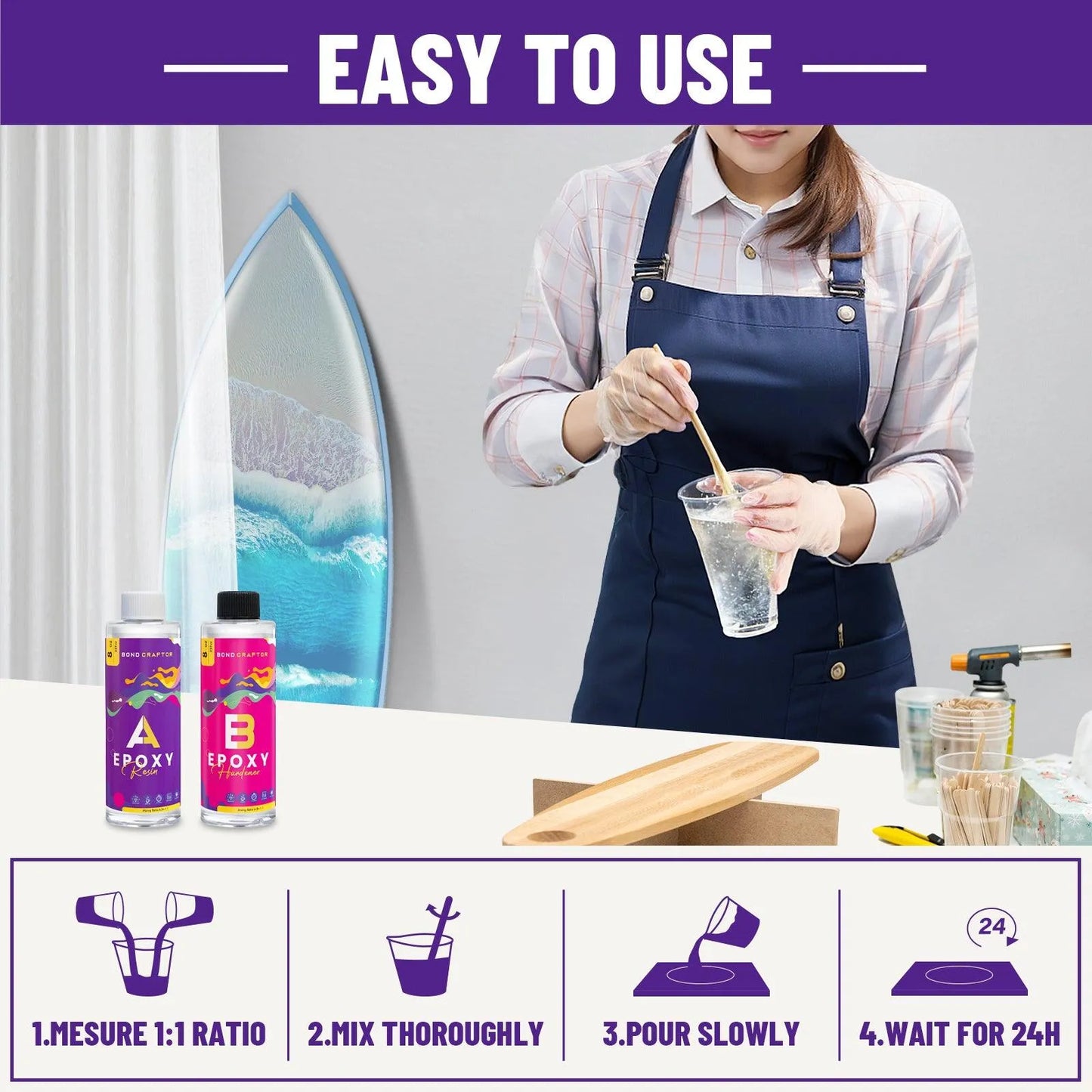 Bond Craftor Epoxy Resin Kit 32 oz - Crystal clear epoxy with a high gloss and self-leveling finish - Simple 1:1 ratio for bar and table coatings, woodworking, moulding and resin art casting - Bond Craftor