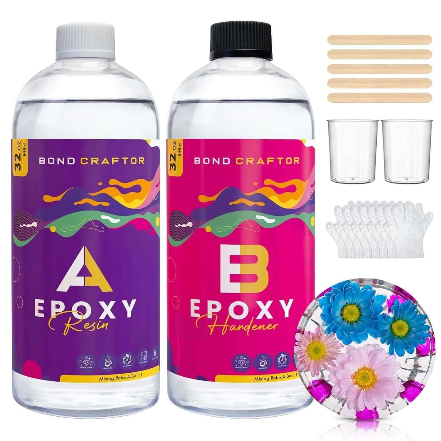 Bond Craftor Epoxy Resin 32oz kit with resin, hardener, mixing tools, and gloves, perfect for flower casting and clear resin crafts.