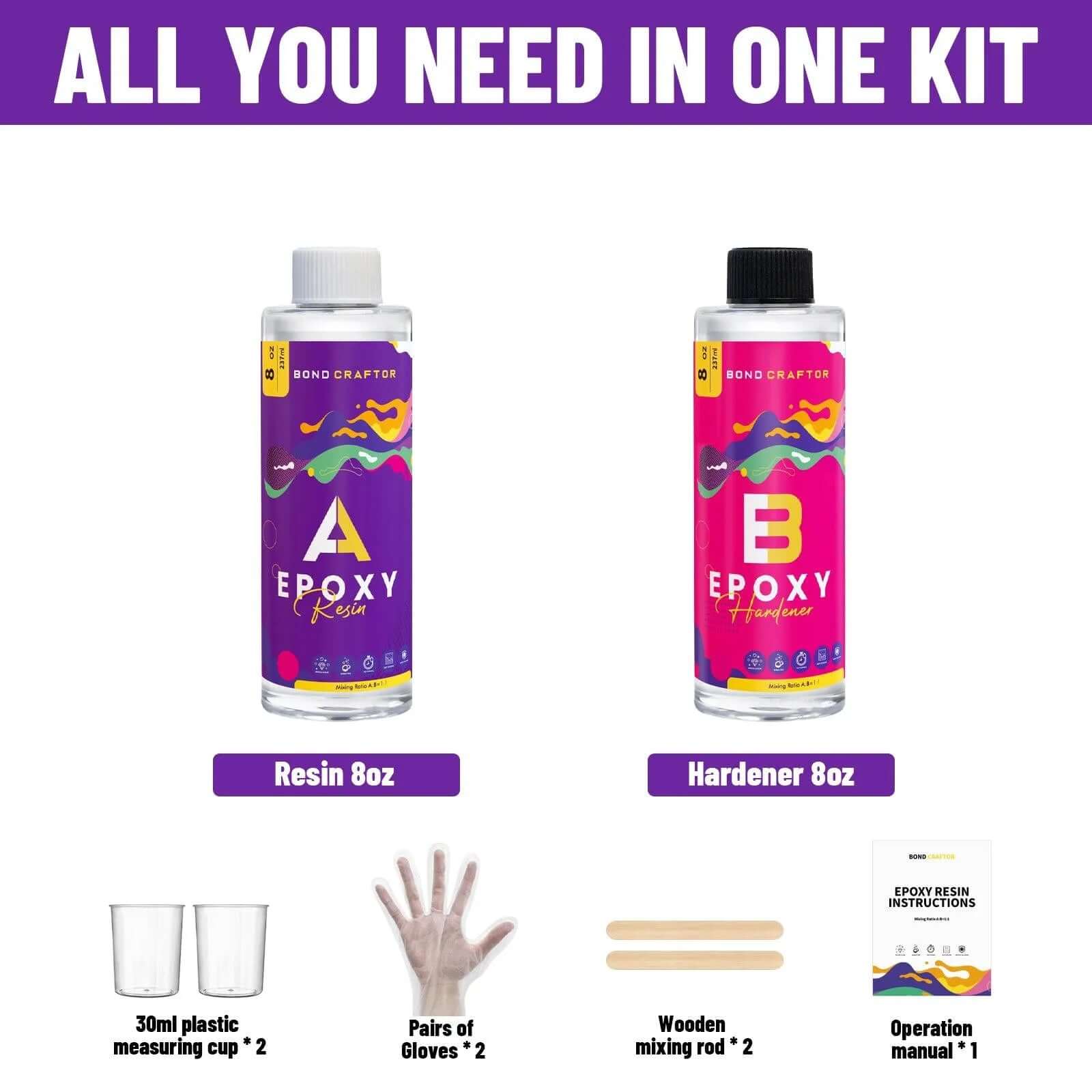 Complete Bond Craftor Epoxy 16oz kit includes resin, hardener, gloves, mixing sticks, cups, and manual for beginner-friendly crafting.