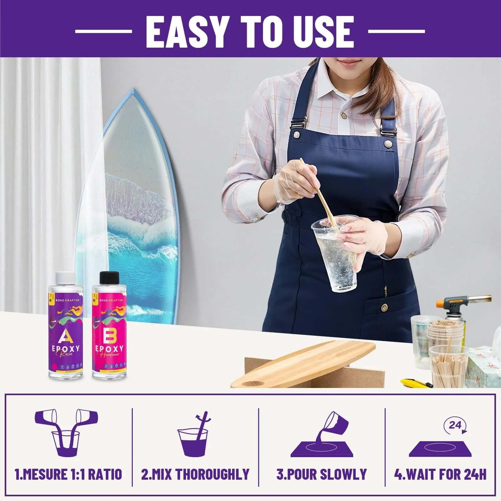 Easy-to-use Bond Craftor Epoxy Resin Kit with 1:1 mixing ratio, perfect for beginners crafting resin art and DIY projects at home.