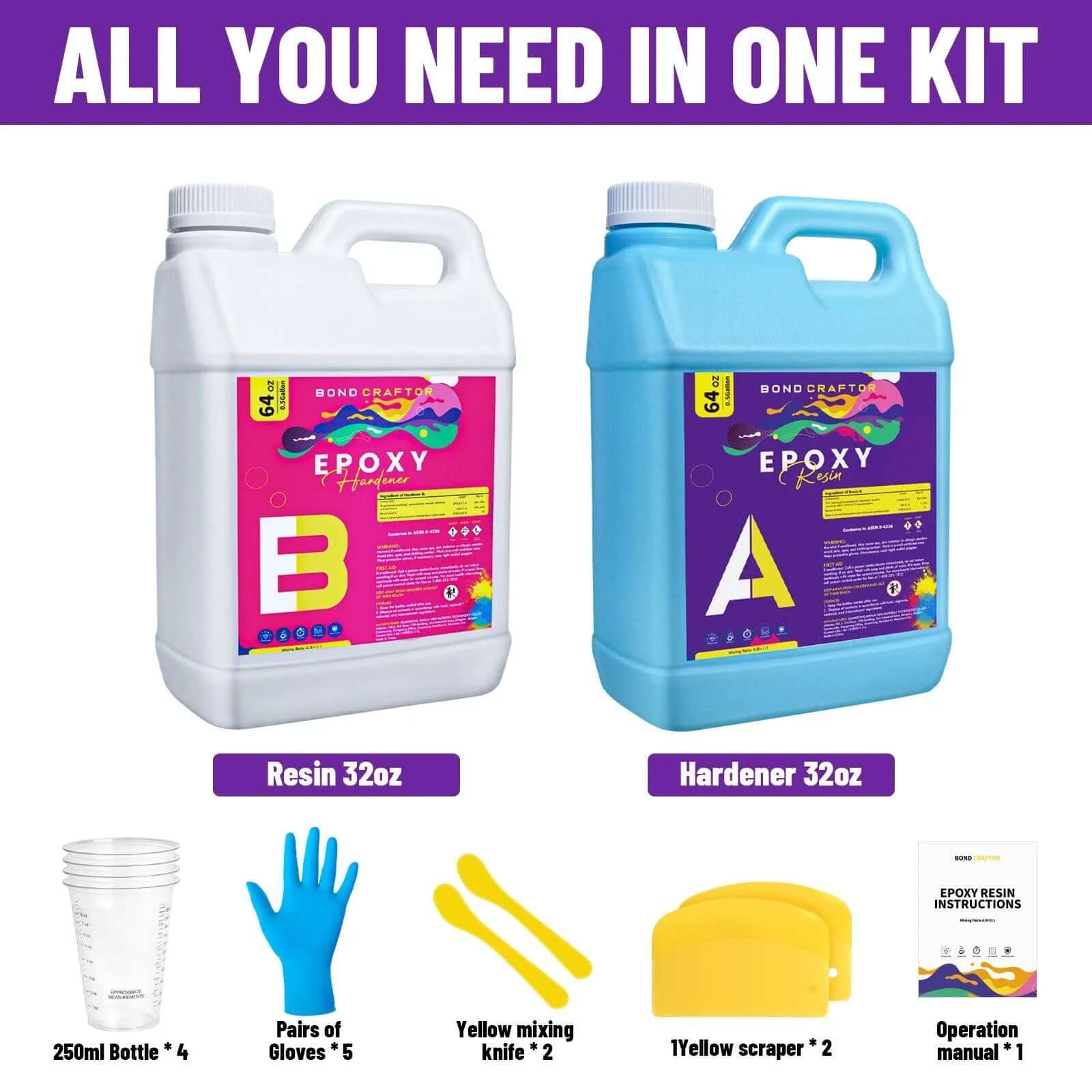 Bond Craftor Epoxy Resin 64oz kit with scraper, knife, gloves, and mixing tools, designed for professional resin art and coating.