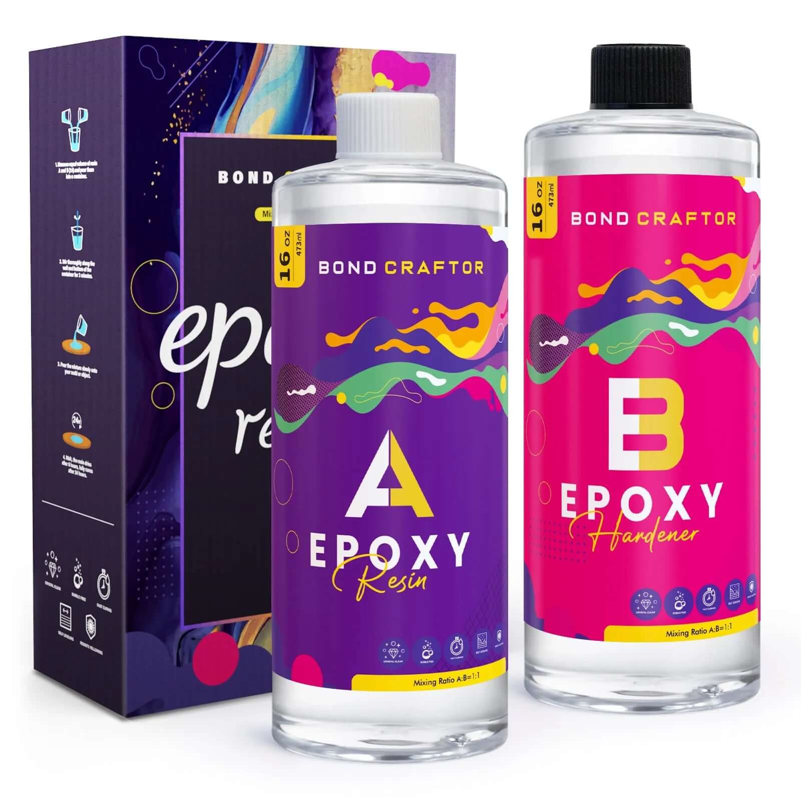Bond Craftor Epoxy Resin For Crafting 16oz set with resin and hardener bottles, perfect for beginners in epoxy resin art and crafts.