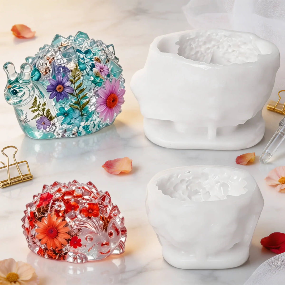 snail-hedgehog-resin-casting-molds-with-colorful-finished-pieces