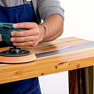 The sanding and polishing process for deep-pour epoxy resin tabletops ensures a smooth, flawless finish, enhancing clarity and shine for a high-quality, glass-like surface.