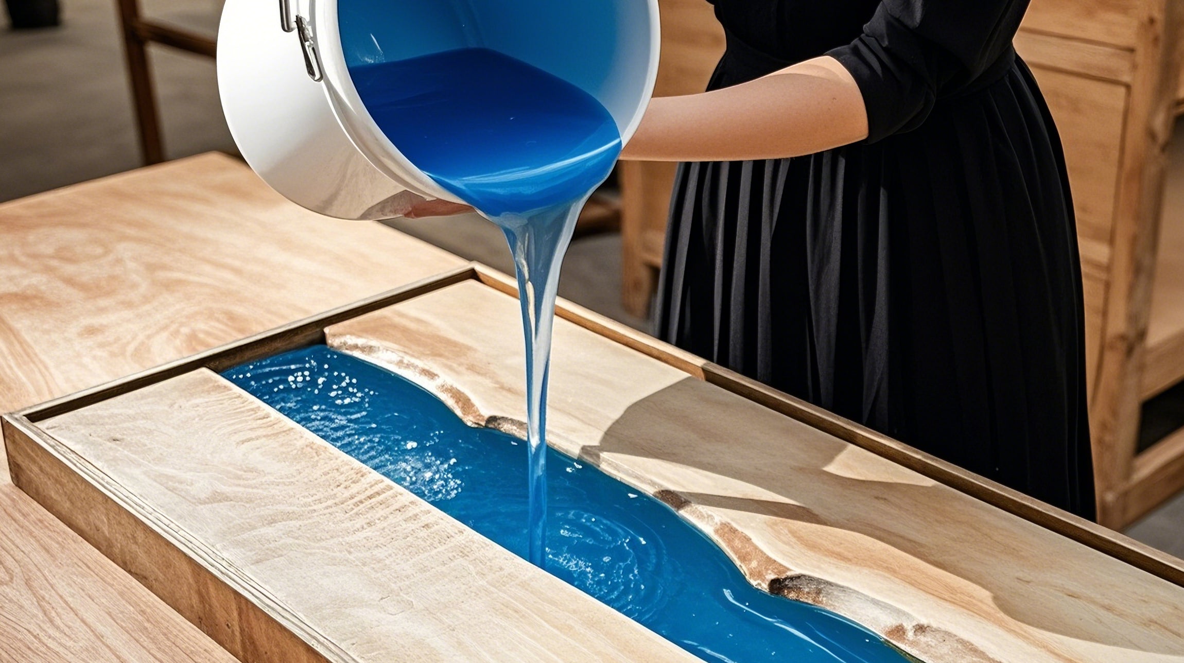 The deep-pour epoxy resin pouring process for Bond Craftor tabletops ensures even coverage, creating a stunning, smooth surface with exceptional clarity and durability.